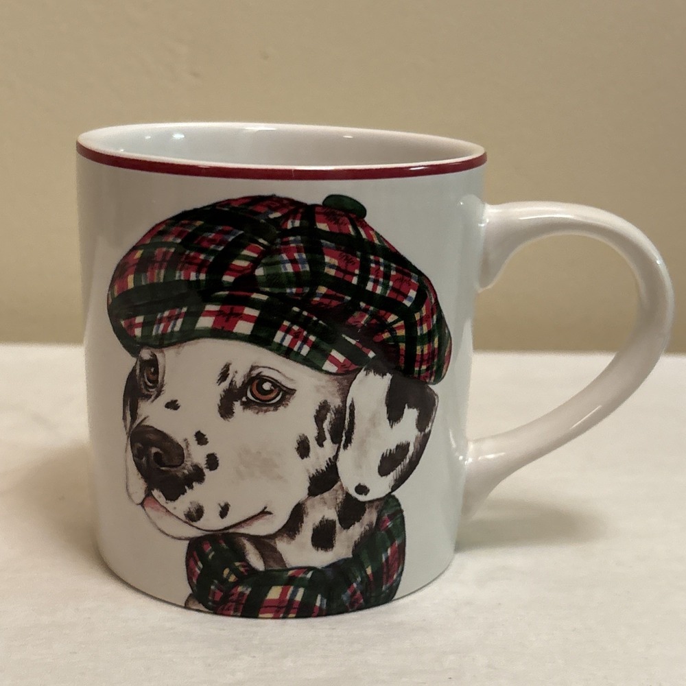 Williams-Sonoma Dalmatian Mug Coffee Tea Cup White Ceramic Plaid Hat